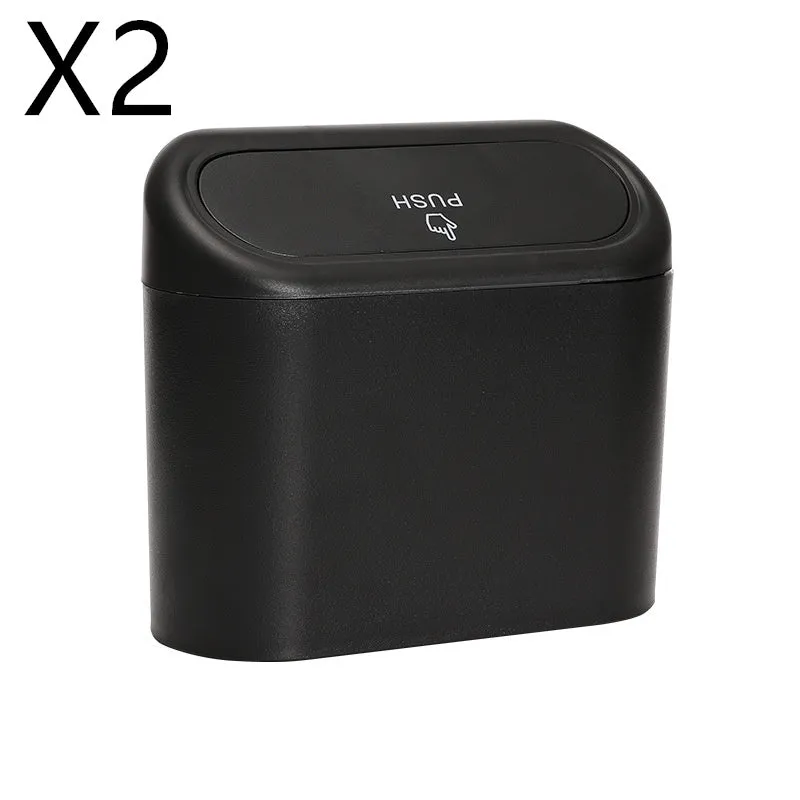 Black ABS car trash can with upturned lid and removable hook, 160x143x85mm, on car seat