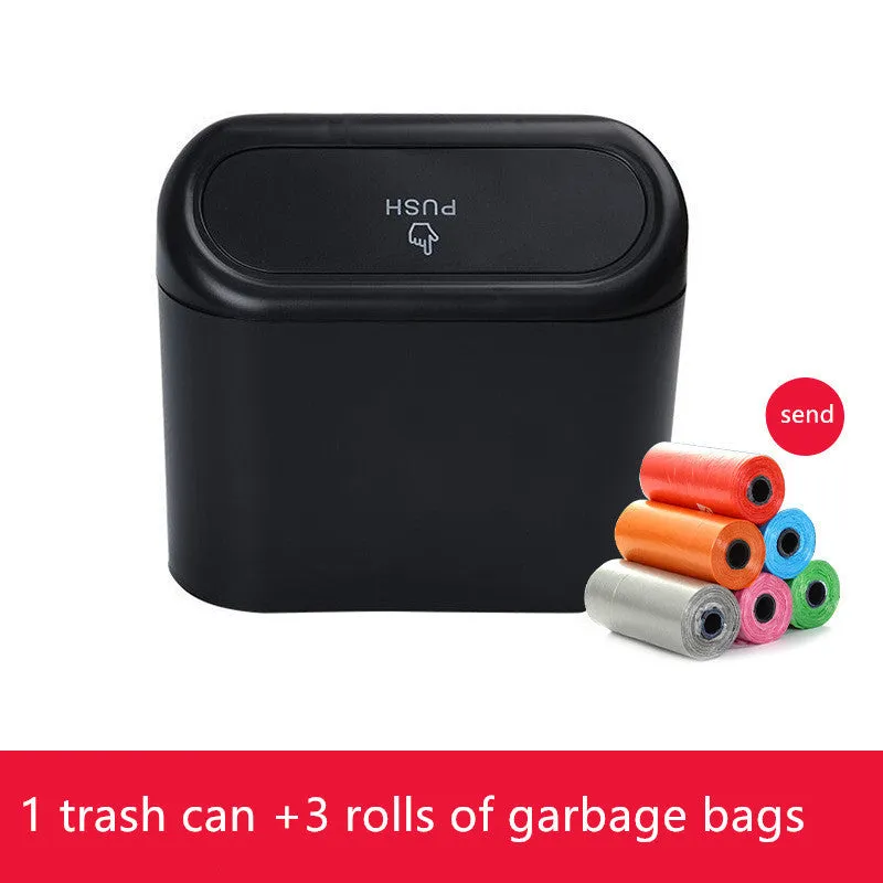 Black ABS car trash can with upturned lid and removable hook, 160x143x85mm, on car seat