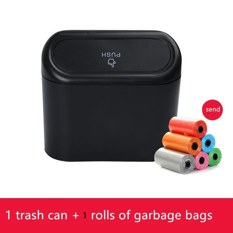 Black ABS car trash can with upturned lid and removable hook, 160x143x85mm, on car seat
