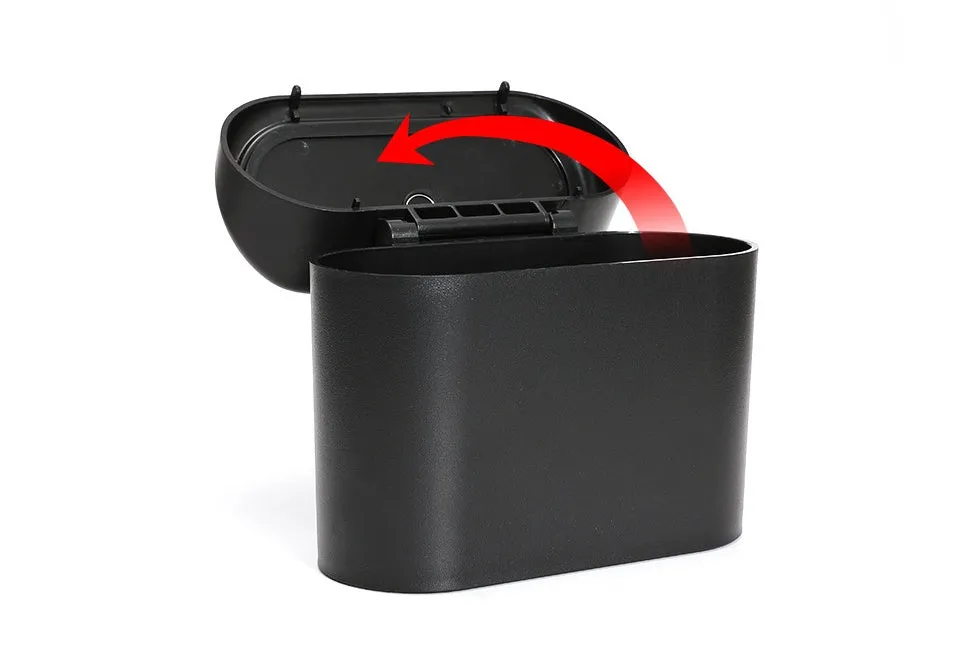 Black ABS car trash can with upturned lid and removable hook, 160x143x85mm, on car seat