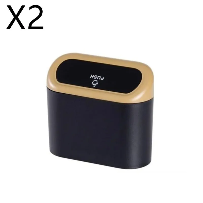 Black ABS car trash can with upturned lid and removable hook, 160x143x85mm, on car seat