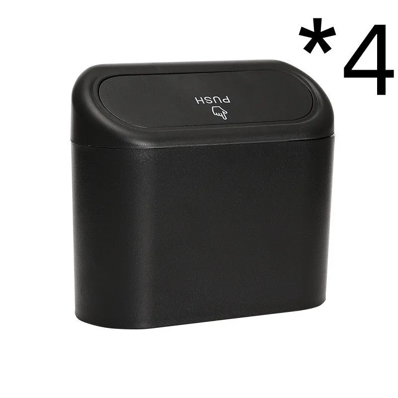 Black ABS car trash can with upturned lid and removable hook, 160x143x85mm, on car seat