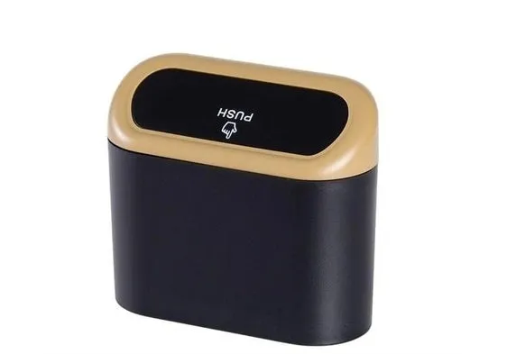 Black ABS car trash can with upturned lid and removable hook, 160x143x85mm, on car seat