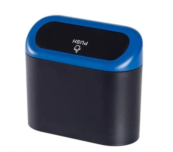 Black ABS car trash can with upturned lid and removable hook, 160x143x85mm, on car seat