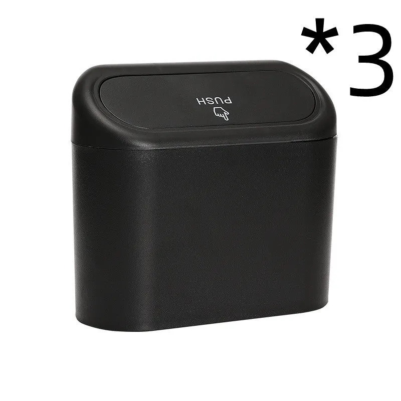 Black ABS car trash can with upturned lid and removable hook, 160x143x85mm, on car seat