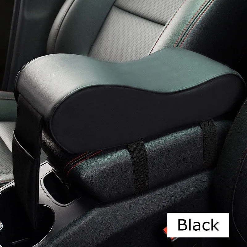 Black PU leather car armrest pad for centre console with dimensions 34x11x16cm