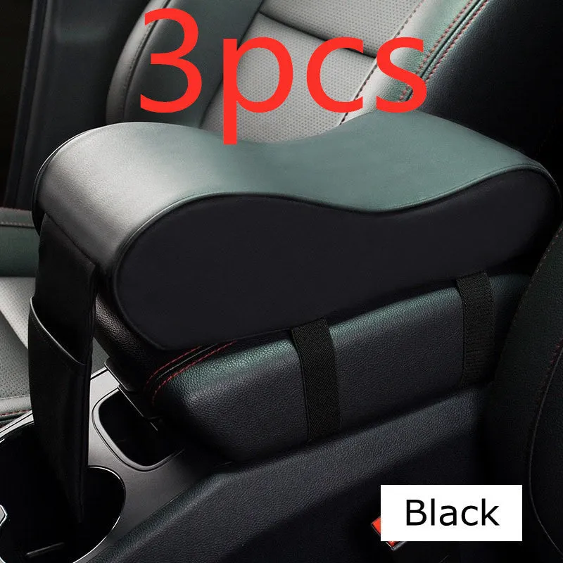 Black PU leather car armrest pad for centre console with dimensions 34x11x16cm