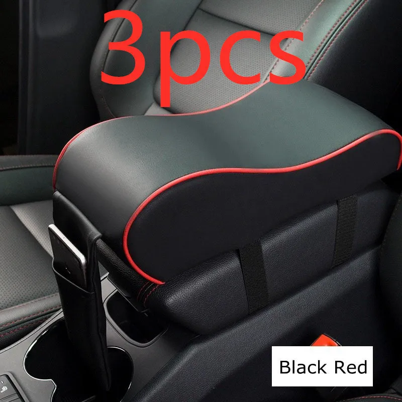 Black PU leather car armrest pad for centre console with dimensions 34x11x16cm