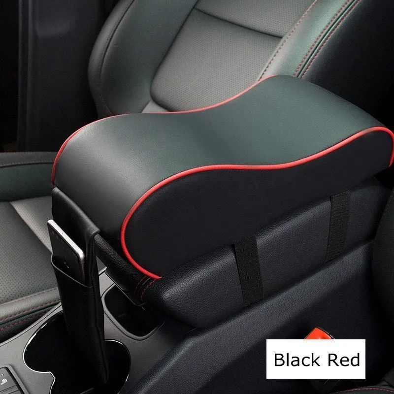 Black PU leather car armrest pad for centre console with dimensions 34x11x16cm