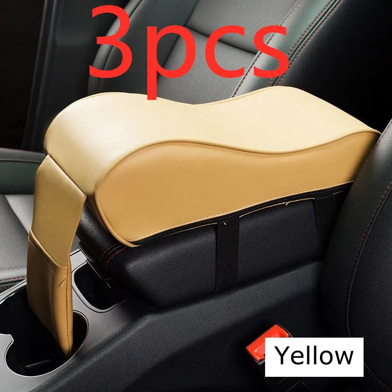 Black PU leather car armrest pad for centre console with dimensions 34x11x16cm