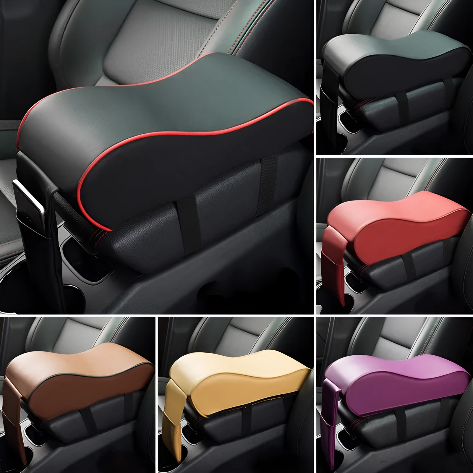 Black PU leather car armrest pad for centre console with dimensions 34x11x16cm