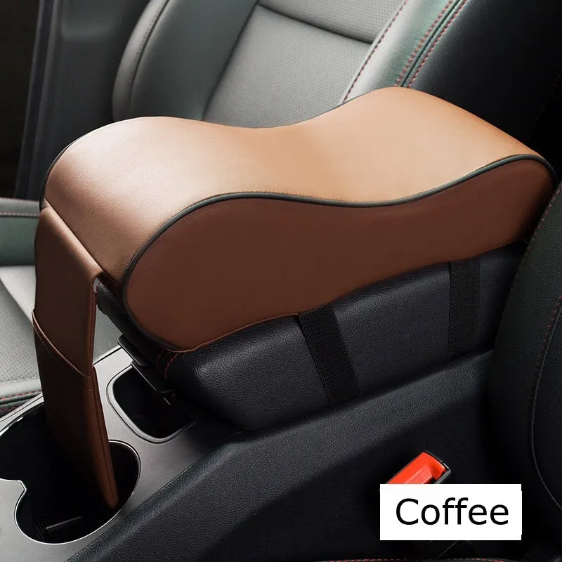 Black PU leather car armrest pad for centre console with dimensions 34x11x16cm