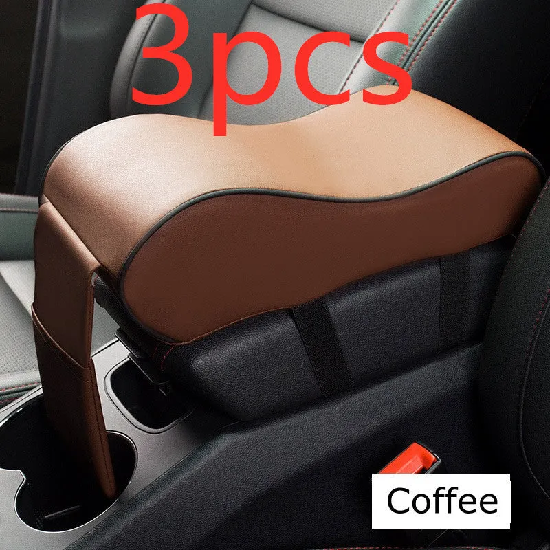 Black PU leather car armrest pad for centre console with dimensions 34x11x16cm