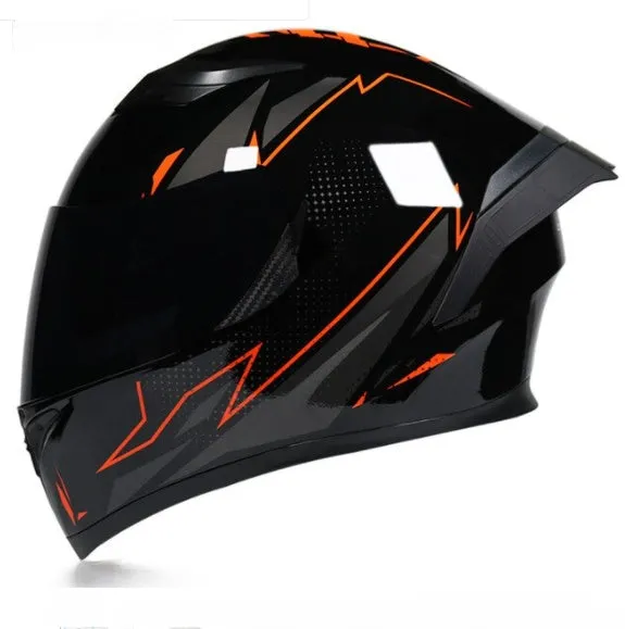 Men and women double lens anti-fog full face motorcycle helmet in ABS, black and red, sizes M to XXL with removable horn