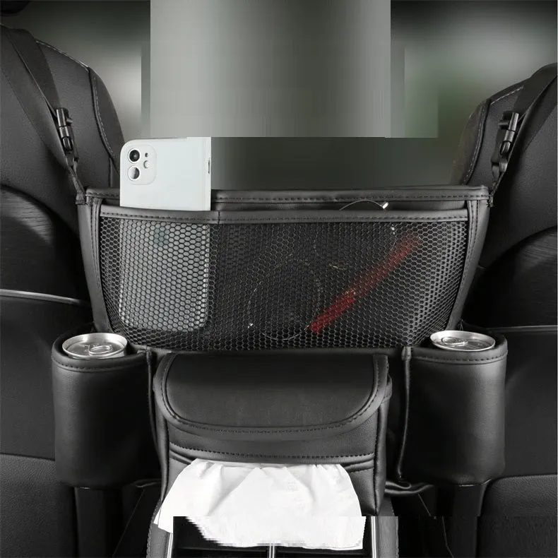 Multi function car centre console armrest storage bag in leather, 36x26x18 cm, black colour, installed between seats