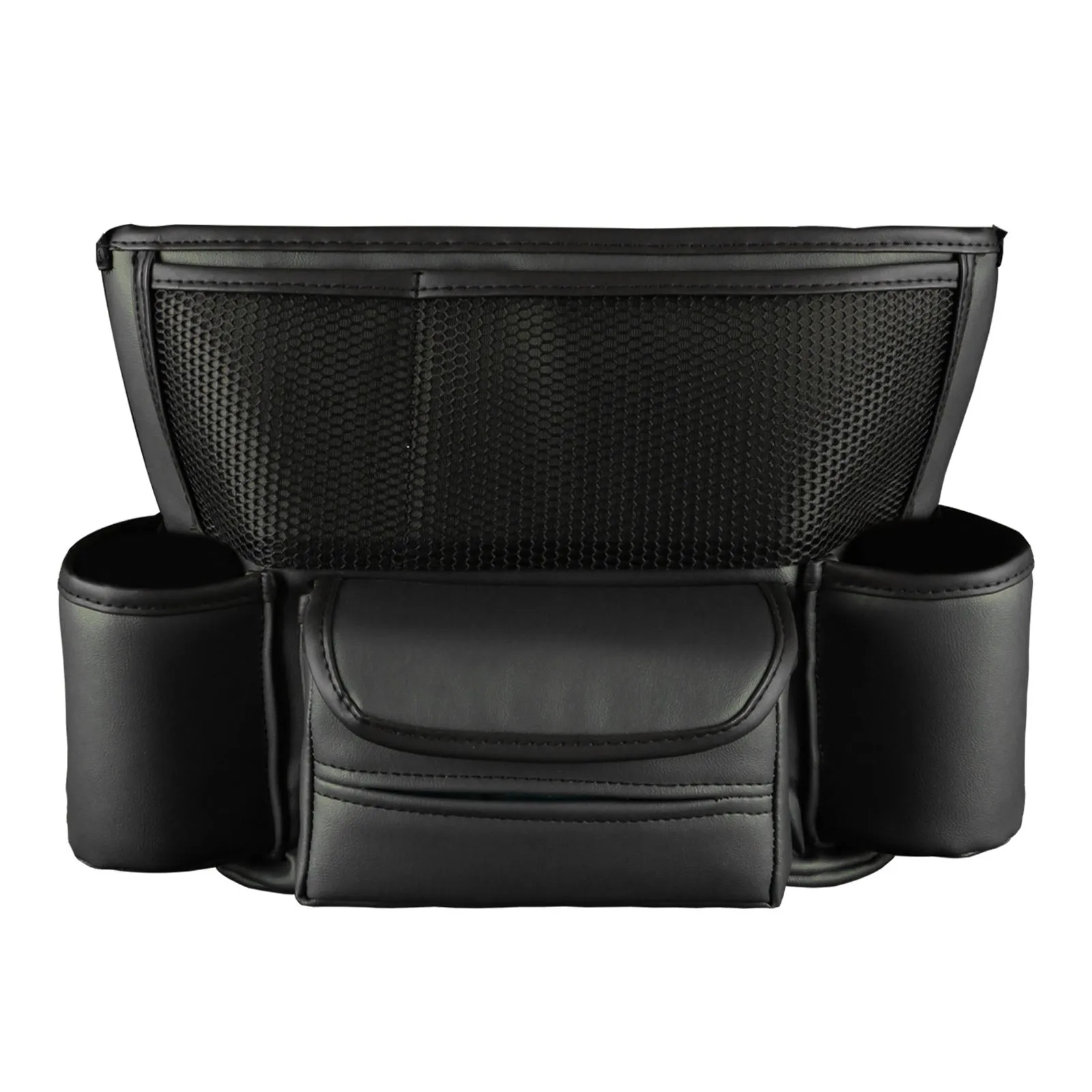 Multi function car centre console armrest storage bag in leather, 36x26x18 cm, black colour, installed between seats