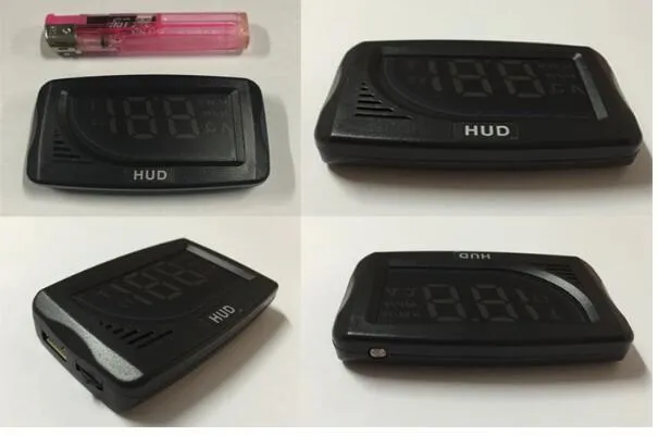 A101 OBD2 universal head-up display with 3-inch LED screen in black, mounted on car dashboard with speed and temperature projection