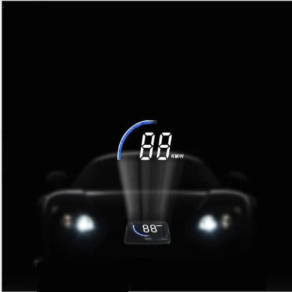 A101 OBD2 universal head-up display with 3-inch LED screen in black, mounted on car dashboard with speed and temperature projection