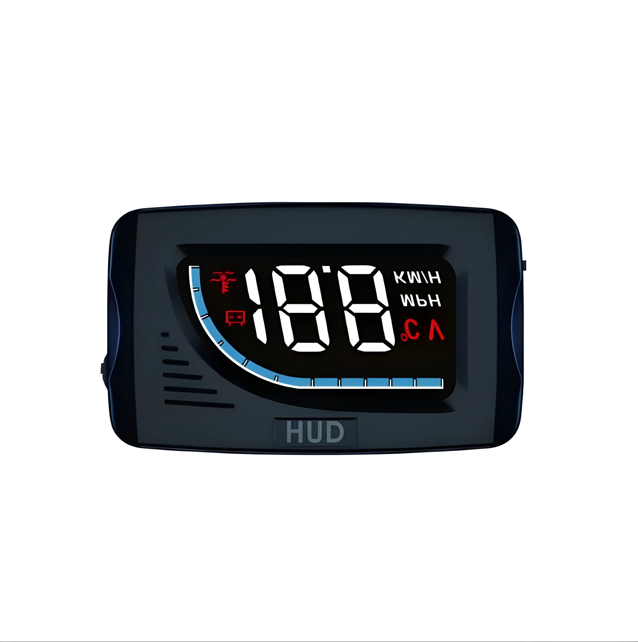 A101 OBD2 universal head-up display with 3-inch LED screen in black, mounted on car dashboard with speed and temperature projection