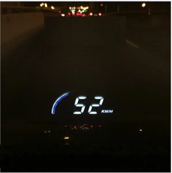 A101 OBD2 universal head-up display with 3-inch LED screen in black, mounted on car dashboard with speed and temperature projection