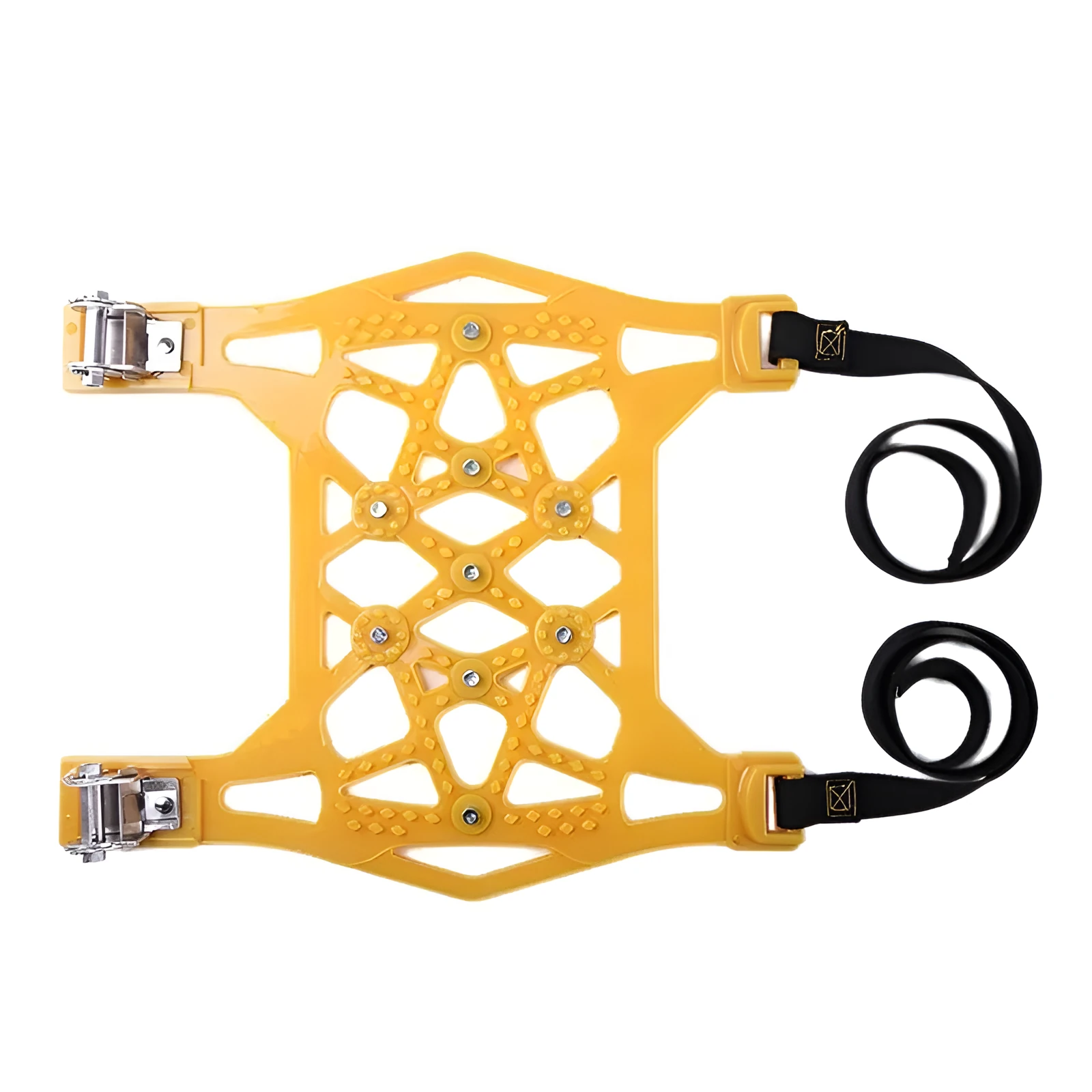 Three yellow snow tyre chains made of TPU and stainless steel, designed for car tyres 165mm to 265mm width, winter driving
