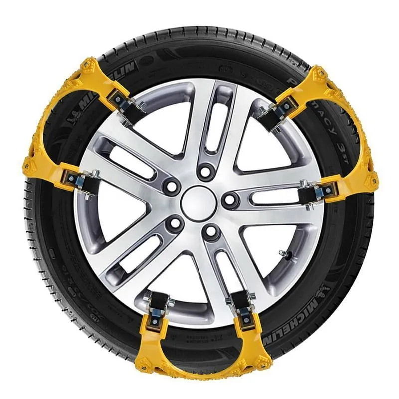 Three yellow snow tyre chains made of TPU and stainless steel, designed for car tyres 165mm to 265mm width, winter driving