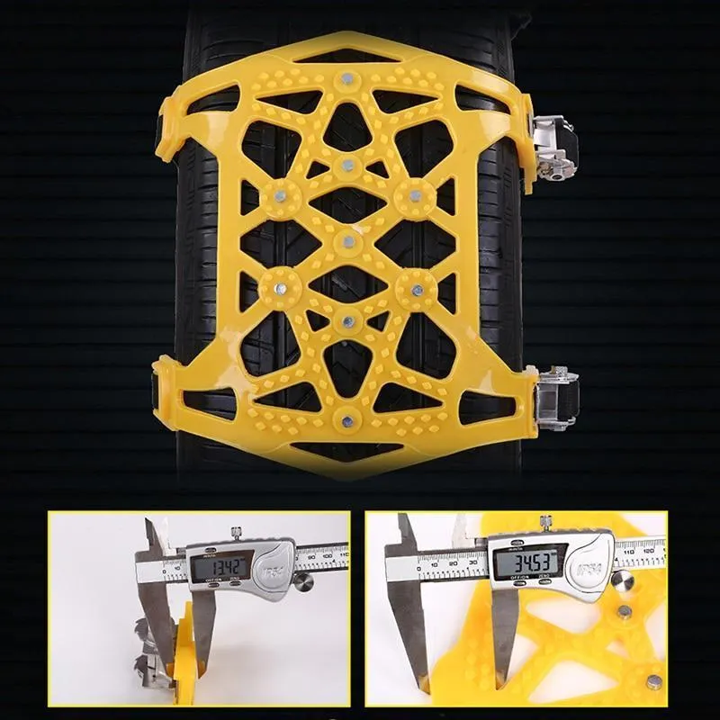 Three yellow snow tyre chains made of TPU and stainless steel, designed for car tyres 165mm to 265mm width, winter driving