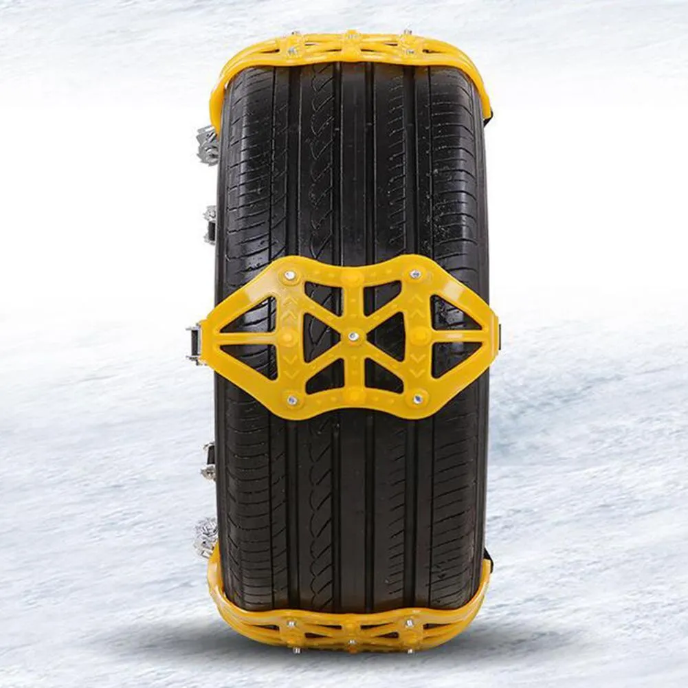 Three yellow snow tyre chains made of TPU and stainless steel, designed for car tyres 165mm to 265mm width, winter driving