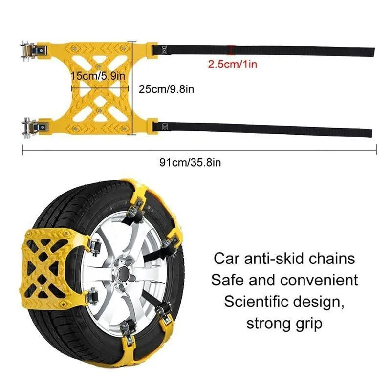 Three yellow snow tyre chains made of TPU and stainless steel, designed for car tyres 165mm to 265mm width, winter driving