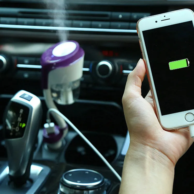 Mini car USB humidifier in black with 50ml tank, compact 68x70x210mm size for vehicle cup holder