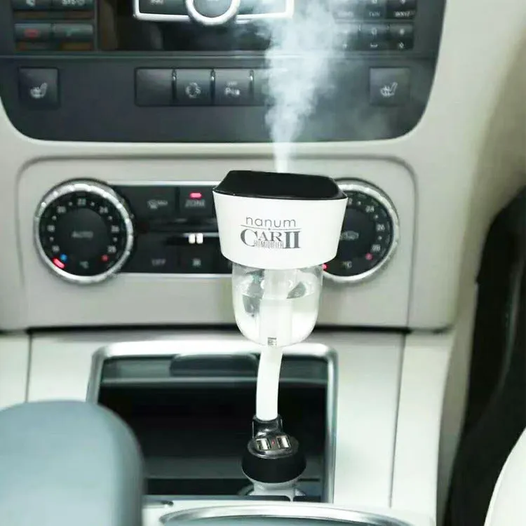 Mini car USB humidifier in black with 50ml tank, compact 68x70x210mm size for vehicle cup holder