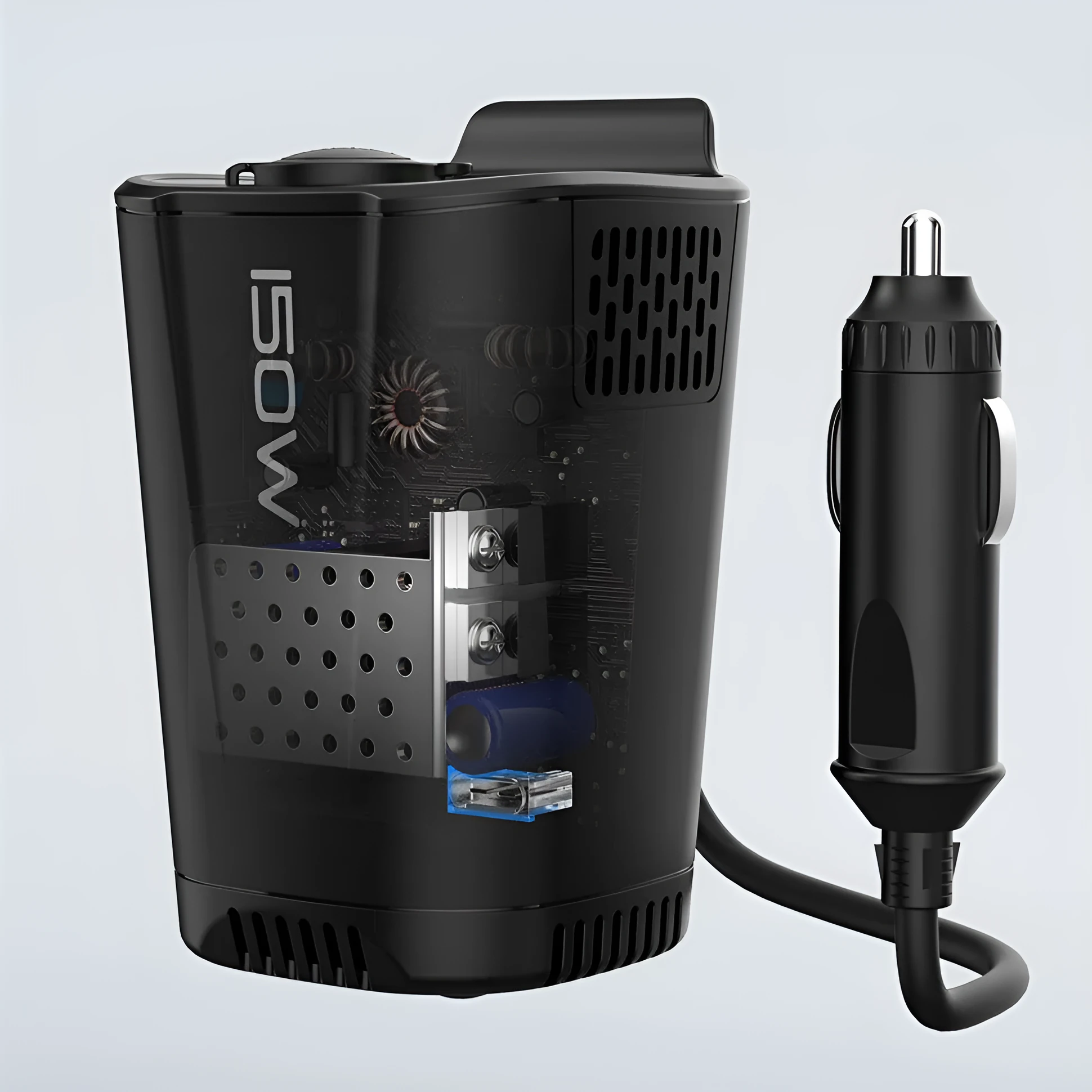 150W 12V to 110V inverter car charger with dual USB-C PD30W and USB-A 18W, fireproof ABS housing