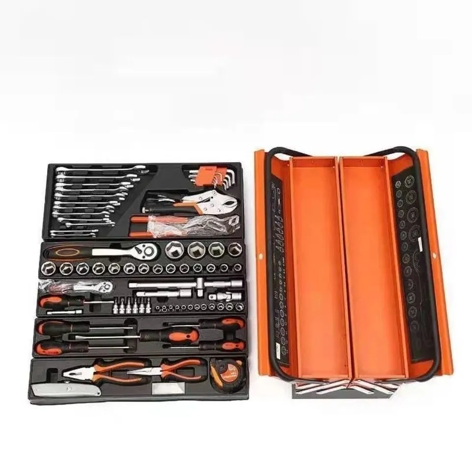 85-piece auto repair kit in large three-layer toolbox with connecting rod on workbench