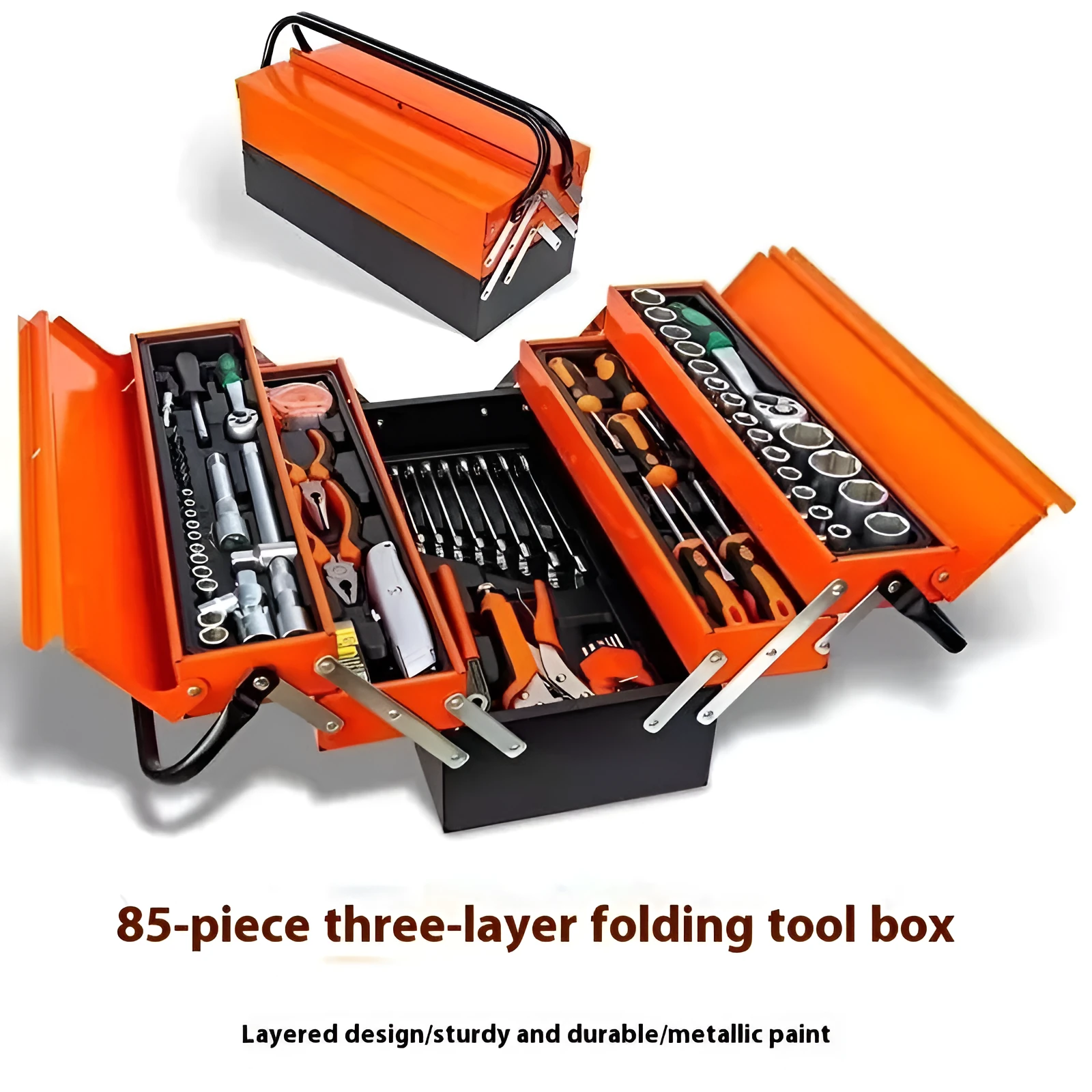 85-piece auto repair kit in large three-layer toolbox with connecting rod on workbench