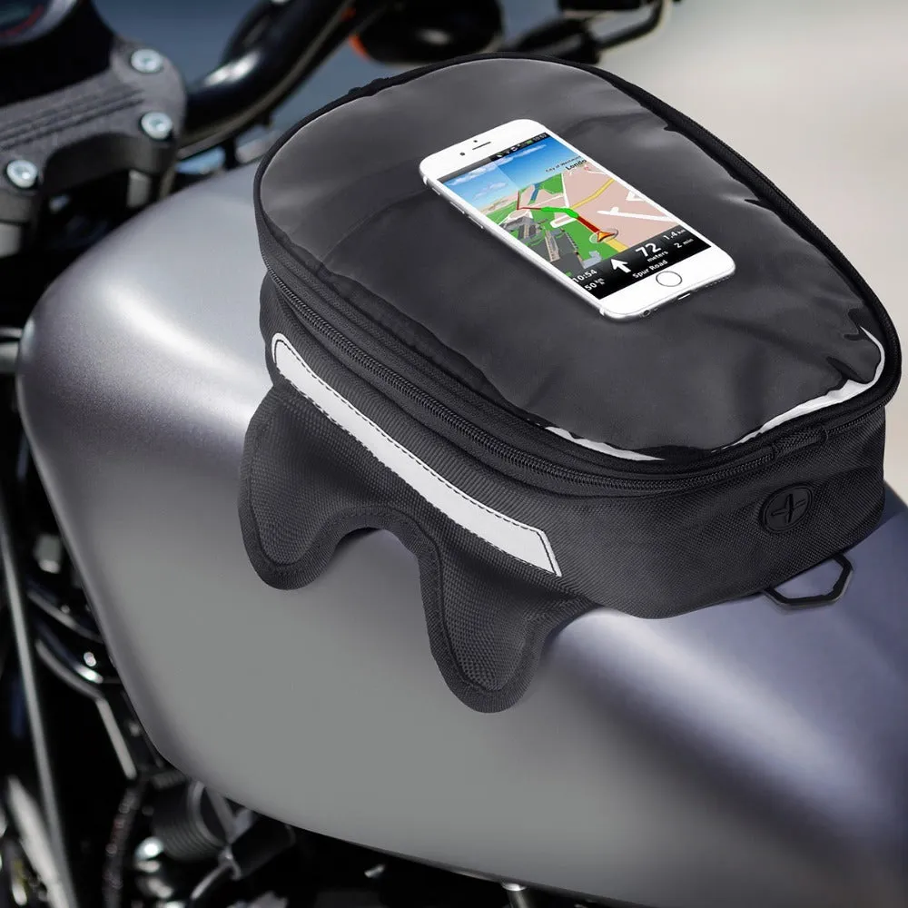 Black waterproof magnetic motorcycle fuel tank bag with phone pocket and reflective strips on Oxford cloth surface