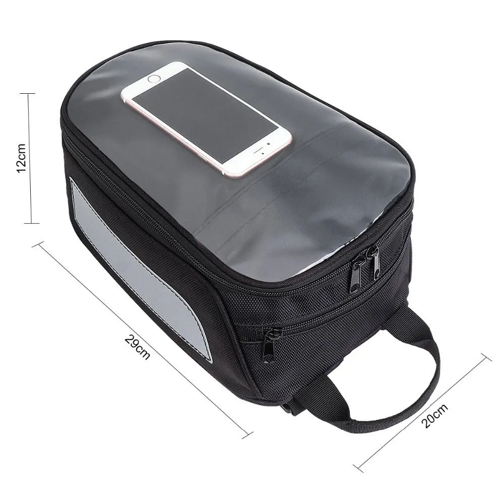 Black waterproof magnetic motorcycle fuel tank bag with phone pocket and reflective strips on Oxford cloth surface