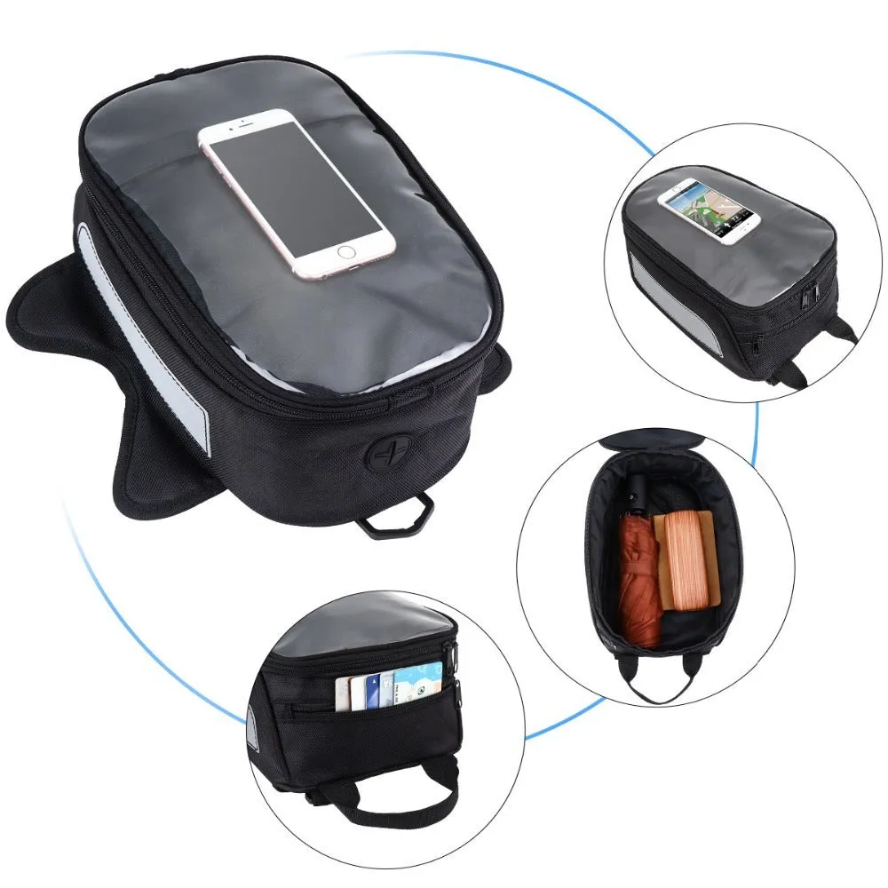 Black waterproof magnetic motorcycle fuel tank bag with phone pocket and reflective strips on Oxford cloth surface