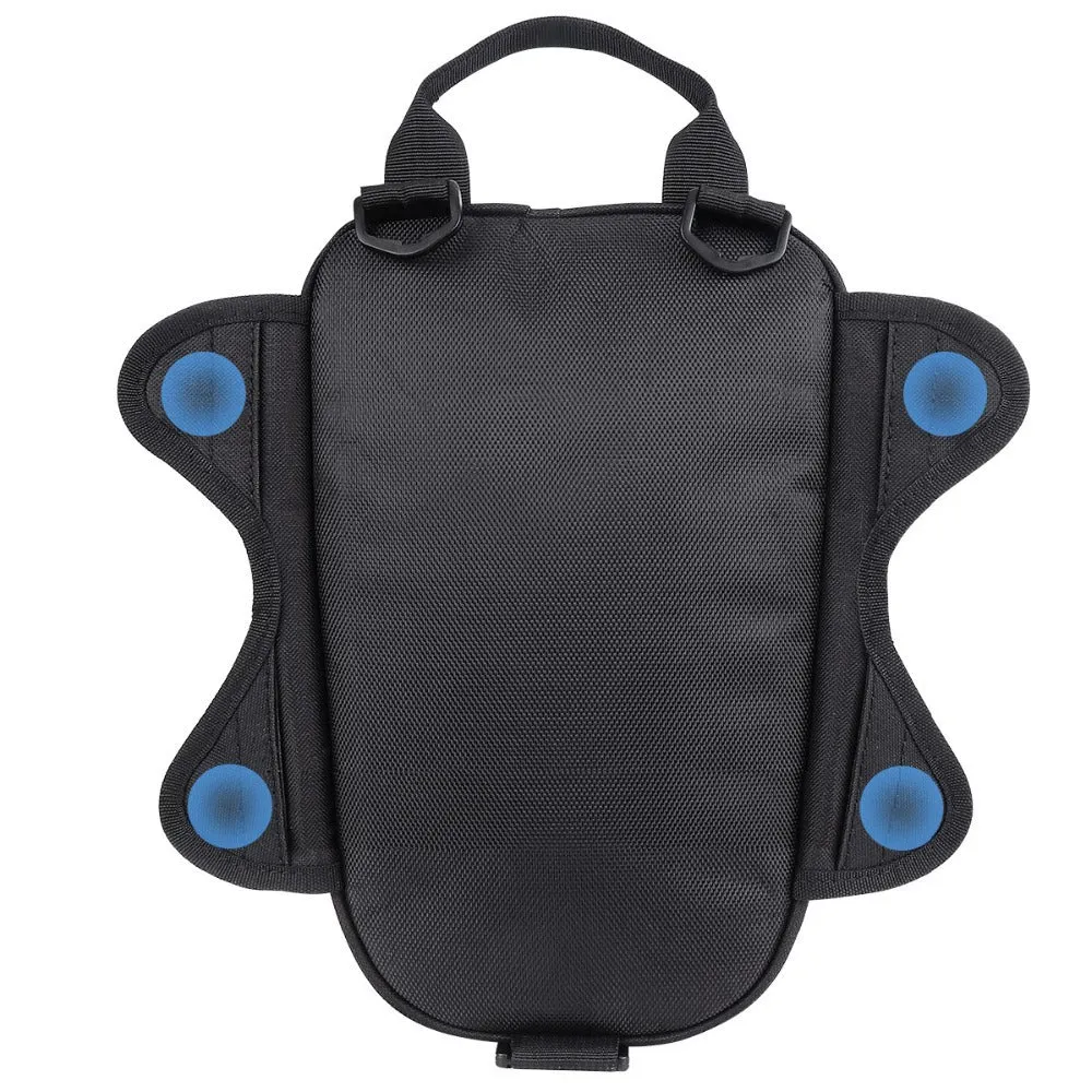 Black waterproof magnetic motorcycle fuel tank bag with phone pocket and reflective strips on Oxford cloth surface