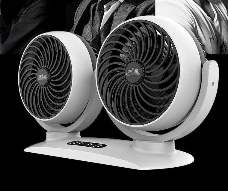 Car dual-head USB fan with digital display and dual controls, ABS plastic, black finish, on a dashboard