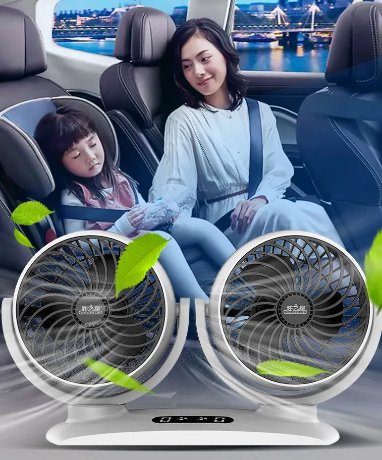 Car dual-head USB fan with digital display and dual controls, ABS plastic, black finish, on a dashboard