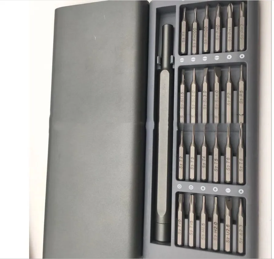24 in 1 S2 steel precision screwdriver set with gray aluminum handle and magnetic bits