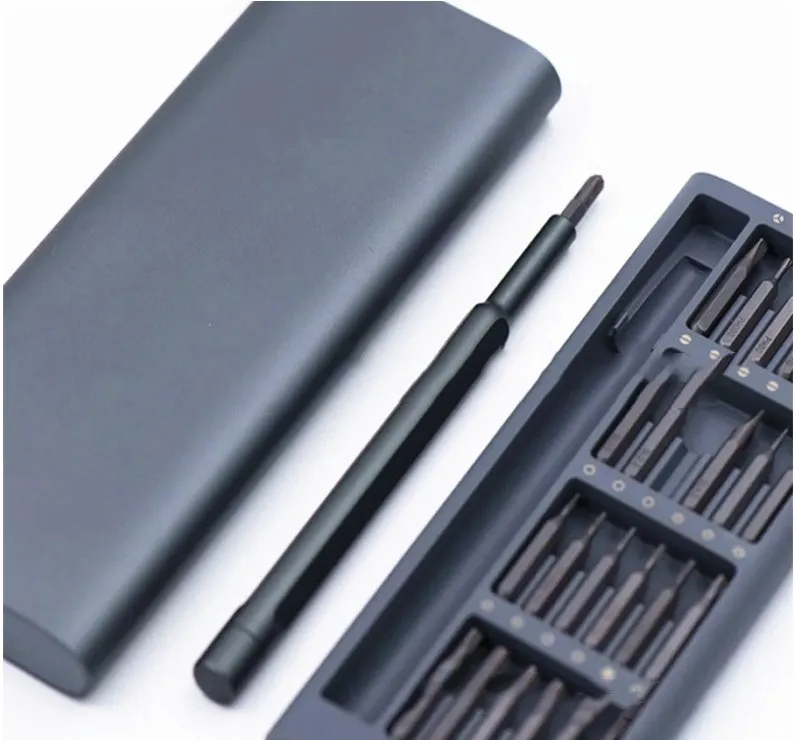 24 in 1 S2 steel precision screwdriver set with gray aluminum handle and magnetic bits