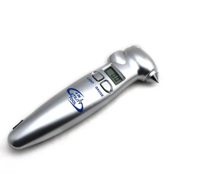 Four-in-one digital tyre pressure gauge with stainless steel safety hammer and emergency light in silver colour