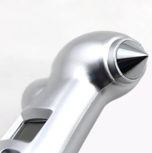 Four-in-one digital tyre pressure gauge with stainless steel safety hammer and emergency light in silver colour