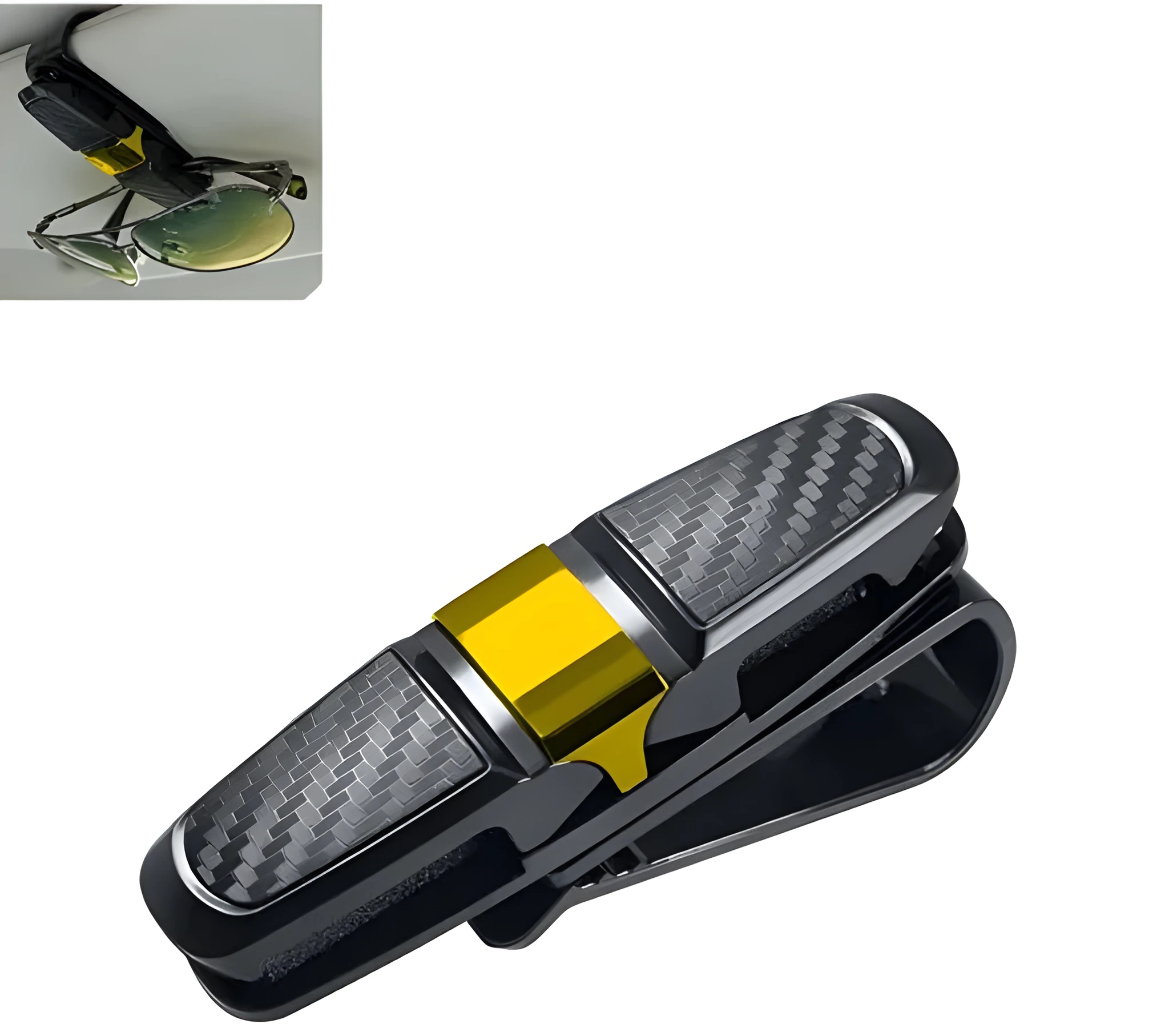 Car sun visor sunglasses clip with carbon fiber finish and double clip design holding glasses and cards