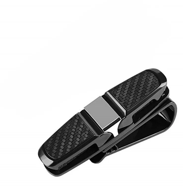 Car sun visor sunglasses clip with carbon fiber finish and double clip design holding glasses and cards