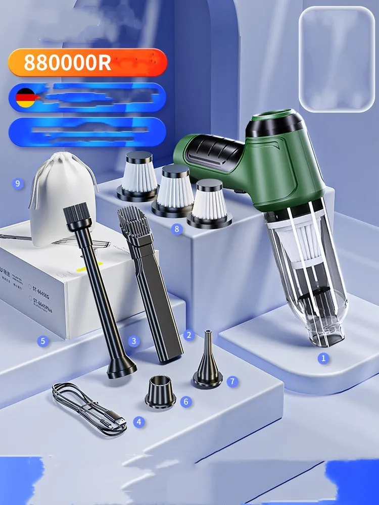 Handheld cordless car vacuum cleaner with nozzle and high-power 120W motor for vehicle interiors.