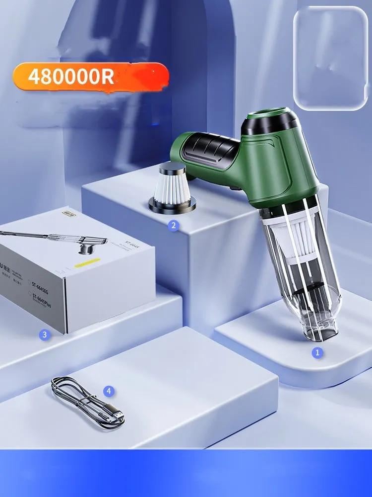 Handheld cordless car vacuum cleaner with nozzle and high-power 120W motor for vehicle interiors.