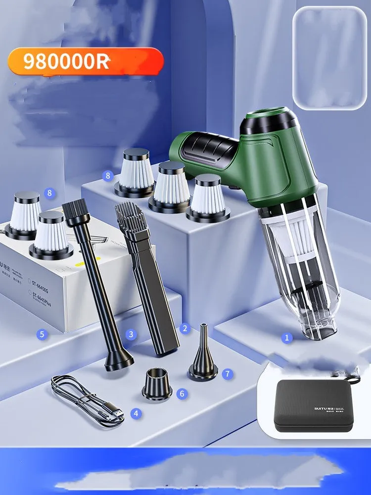 Handheld cordless car vacuum cleaner with nozzle and high-power 120W motor for vehicle interiors.