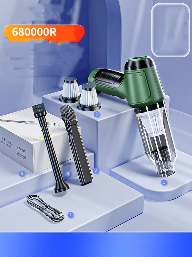 Handheld cordless car vacuum cleaner with nozzle and high-power 120W motor for vehicle interiors.